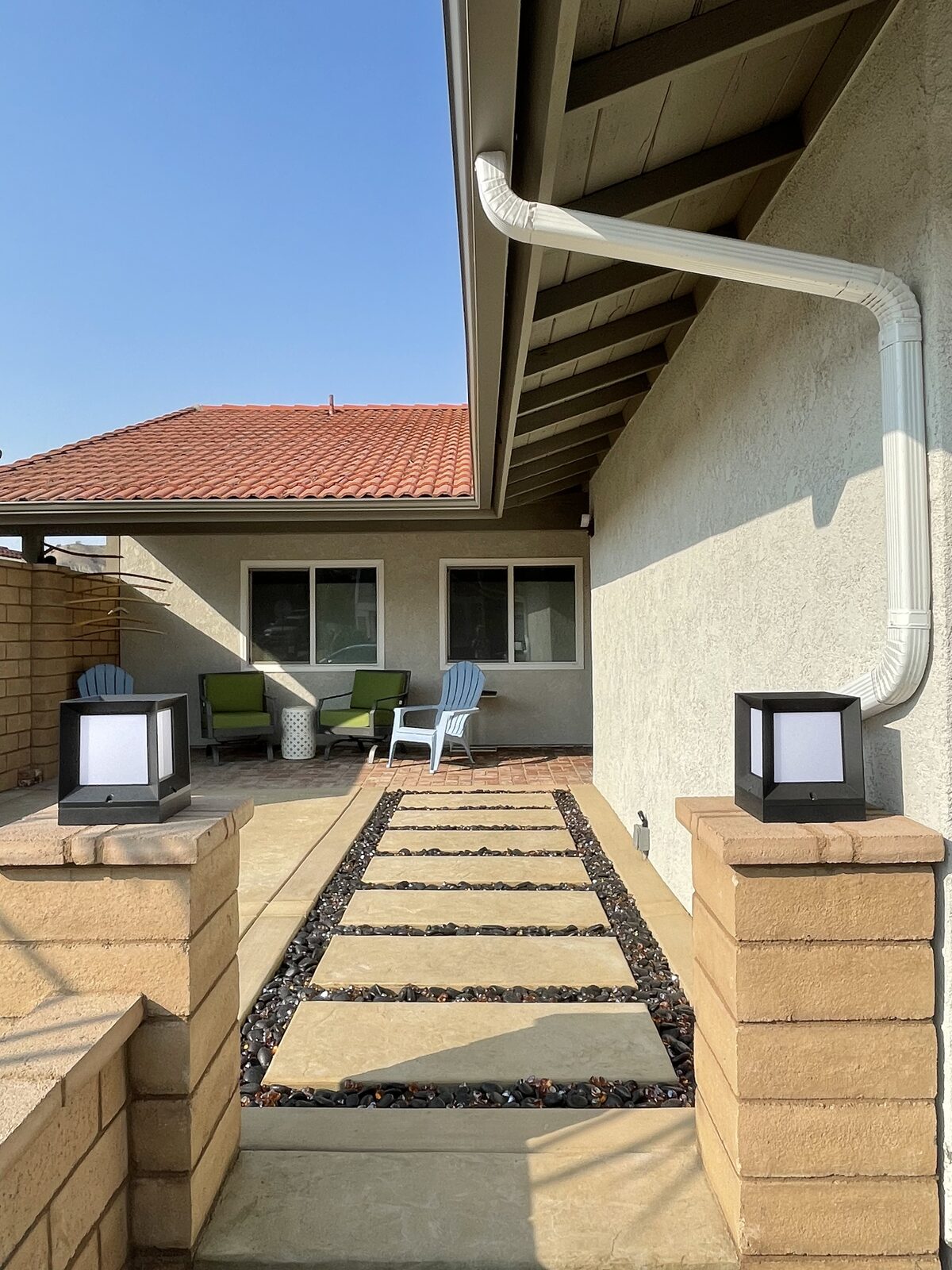 Alumawood patio cover with stacked-stone outdoor kitchen, granite bar, stamped concrete and artificial turf